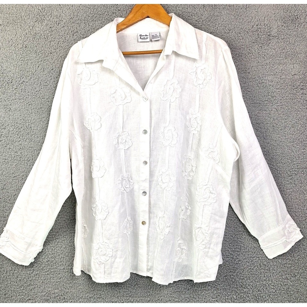 Alexandra Bartlett Shirt Womens 2X White 100% Linen Floral Applique Boho Cottage